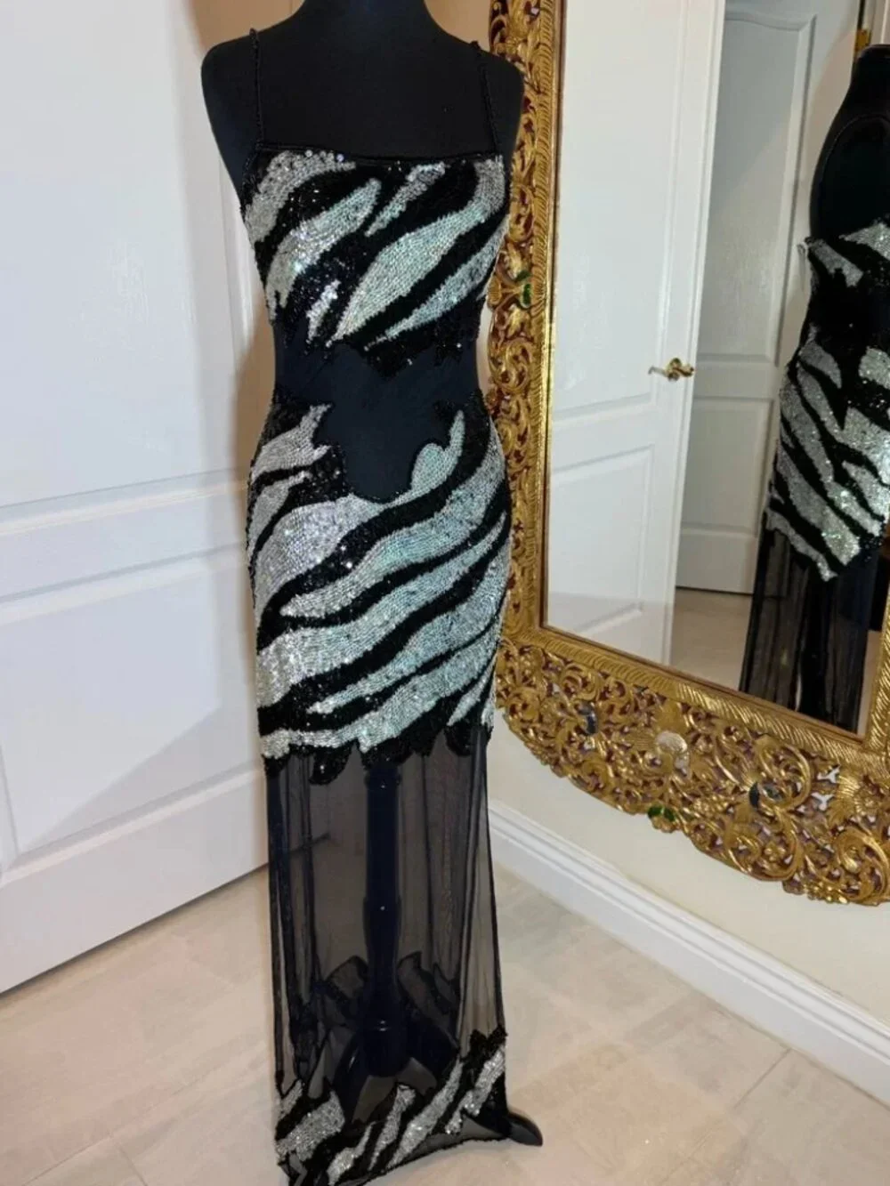 Black & white Sequin Mesh Evening Dress sheer mesh waist‎ & bottom. Slit sides